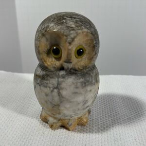 Vintage Italian Alabaster Stone Gray & Gold Owl Figurine with Green Eyes decor